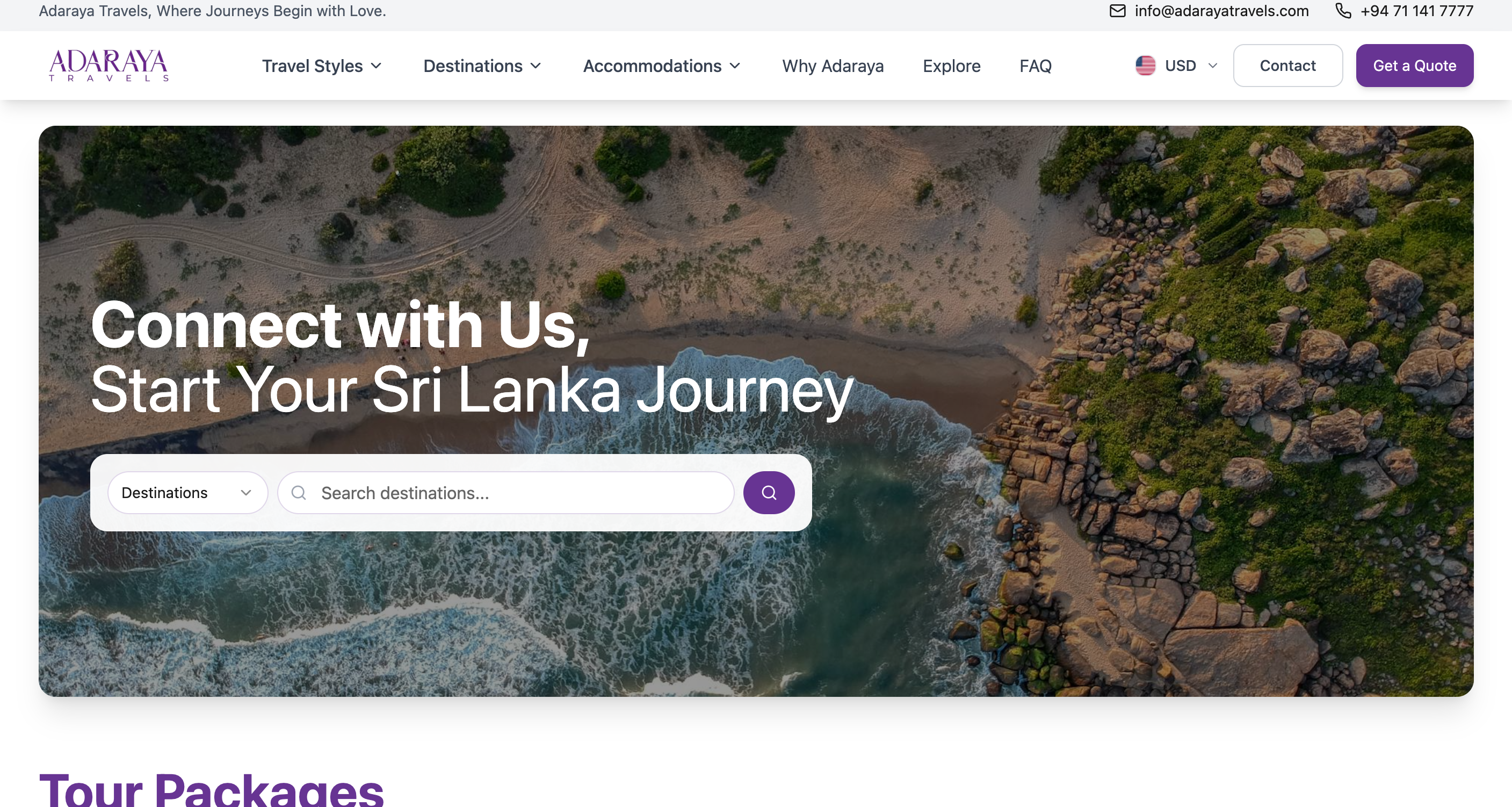 Adaraya Travels - destination management company website by NSR Solutions, Sri Lanka